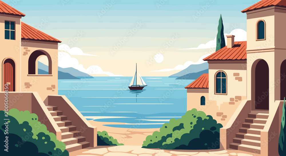 Naklejka premium Peaceful mediterranean coastal scene features warm buildings overlooking a blue sea with a sailboat on the horizon.