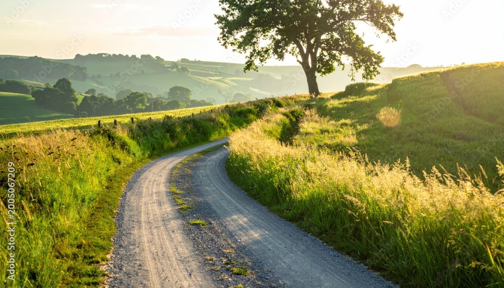 Naklejka premium Scenic Country Road Winds Through Lush Green Hills at Sunrise.