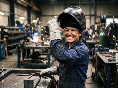 Portrait of young adult Black woman smiling and lifting welding helmet in workshop, wearing protective gloves and work uniform, standing in industrial