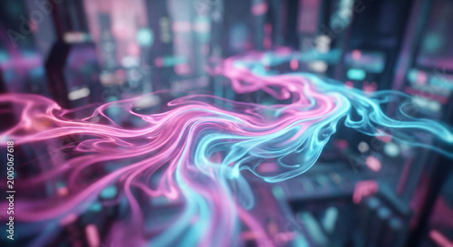 Abstract flowing neon light trails in a futuristic cityscape at night, depicting energy and data streams.