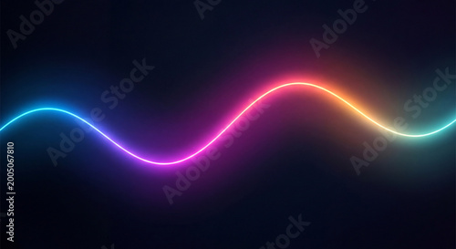 Continuous neon glowing line across dark background with multi color gradient.