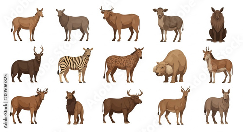 Quadro su tela Collection of African Wildlife Animals Standing Isolated on White Background