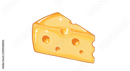 Delicious wedge of swiss cheese with holes and sparkling highlights in a colorful realistic food illustration.