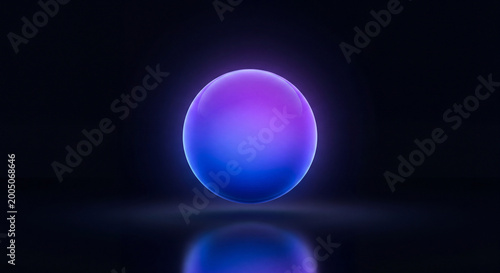 Luminous orb with gradient blue and pink light reflecting on dark surface.