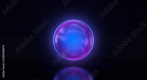 Abstract glowing blue and pink sphere in dark setting, vibrant neon light and reflective surface.