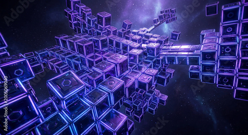 Abstract network of interconnected glowing cubes and geometric structures floating in dark outer space.