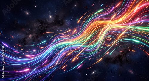 Dynamic light streaks and luminous sparks illuminate dark cosmos with swirling patterns.