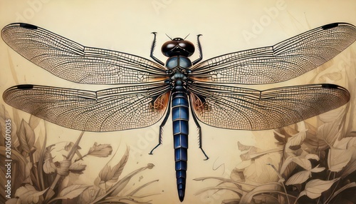 Vintage Illustration of a Detailed Dragonfly Insect with Intricate Wing Patterns.