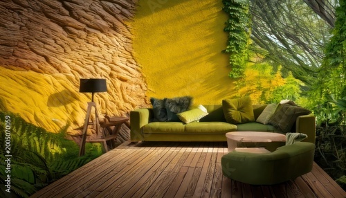 Modern Living Room with Natural Elements and Artistic Wall Texture.