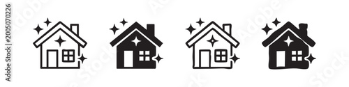 Картината върху платно Clean house icons set with sparkling stars, shining home and cleanliness symbols for domestic hygiene