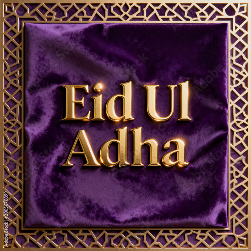 Islamic Greeting Poster with 3D Gold Typography on Purple Velvet and Gold Lattice Frame