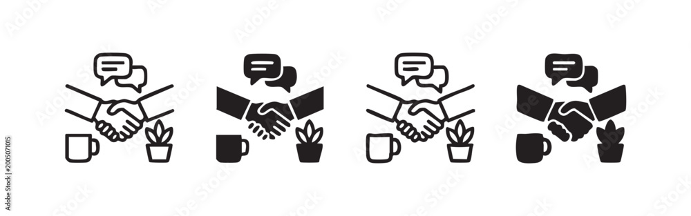 Fototapeta premium Business Deal and Agreement Icon Set with Handshake, Speech Bubbles, Coffee, and Plant, Symbolizing Partnership