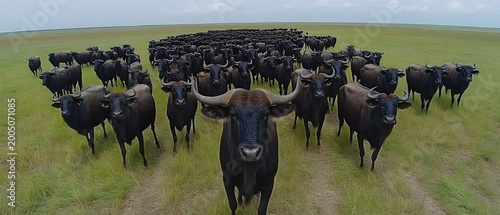 Herd of black bulls in field.