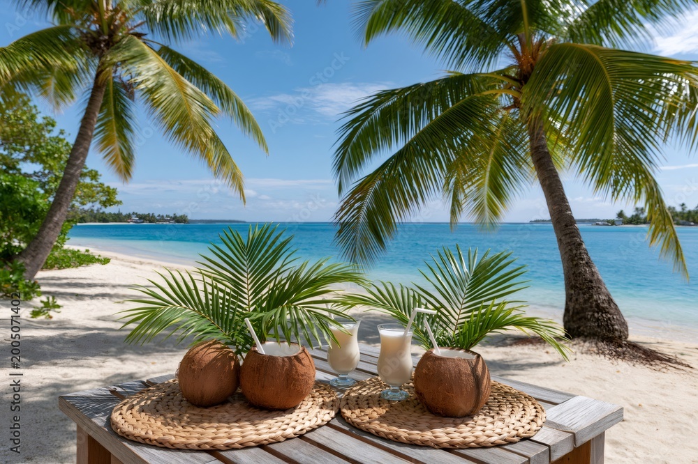 Fototapeta premium Coconut drinks with straws on a tropical beach table