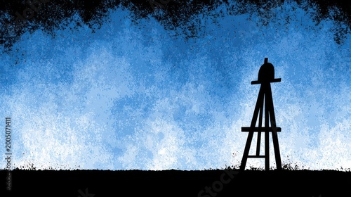 Silhouette of a structure against a textured blue sky and ground