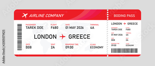 Red airline boarding pass for london to greece flight with barcode and passenger details flight ticket