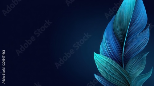 Abstract blue-green feathery shape on a dark blue background; right side placement