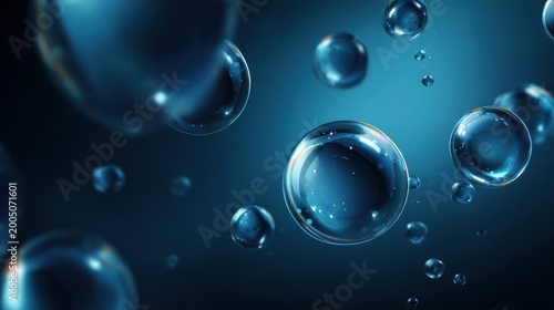Spherical, translucent bubbles float against a gradient blue background