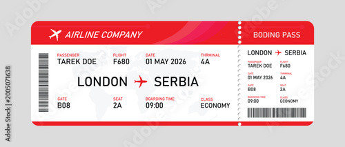 Red airline boarding pass for london to serbia flight with economy details flight ticket economy passenger name tarek doe