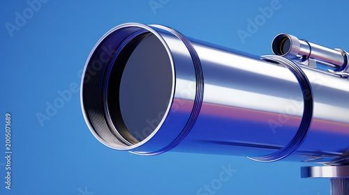 Chrome telescope close-up view against a blue background, shiny, smooth metal finish