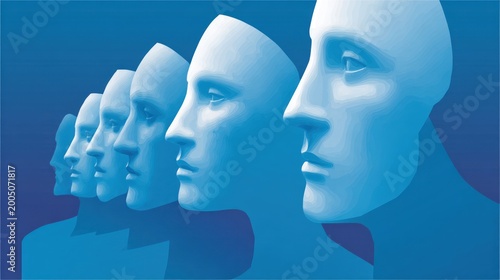 Blue-toned row of minimalist human faces in profile fading into the background