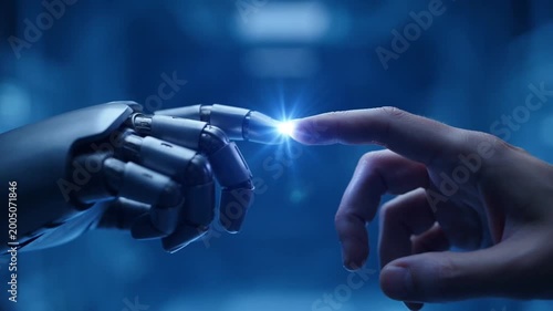 A human hand and a robotic hand connect with a glowing spark in a dark, futuristic digital art scene, symbolizing ai integration.