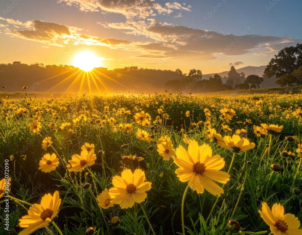 Fototapeta premium A vibrant field of yellow flowers basks in the warm glow of a setting sun, creating a picturesque and serene landscape.