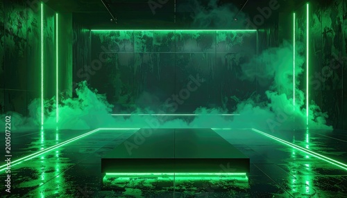 A futuristic stage illuminated with vibrant green neon lights and filled with atmospheric smoke.