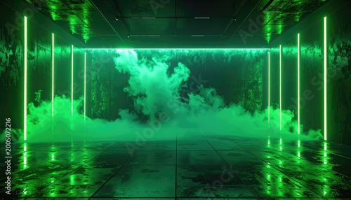 A futuristic, dimly lit interior space features vertical green neon lights illuminating swirling green fog across a reflective tiled floor, creating an ethereal and abstract atmosphere.