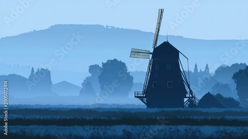 Silhouette of windmill in hazy rural landscape against blurred mountain backdrop