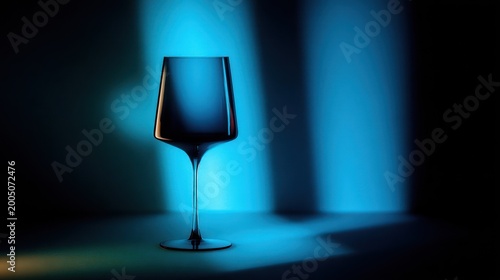 Elegant wine glass stands against a teal and black shaded background, casting soft shadows
