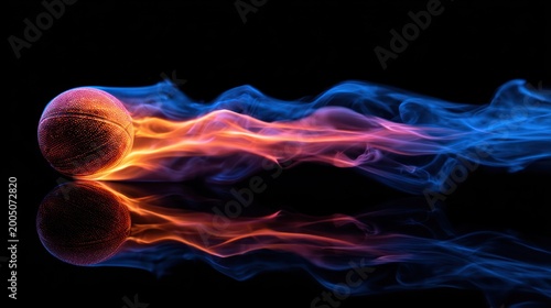 Fiery basketball trail, reflected on a dark surface with bright blue and orange flames