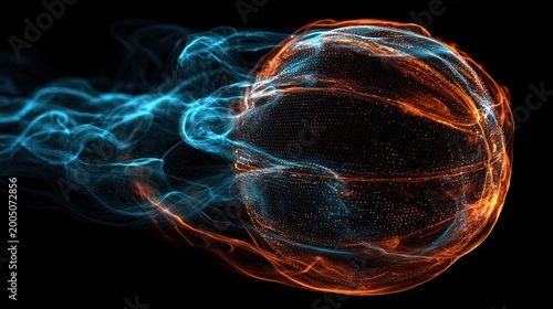 A basketball trail rendering in glowing, colorful streaks against a stark black background