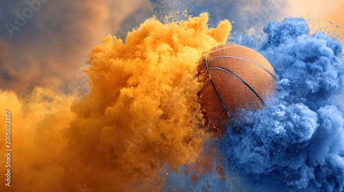 Basketball surrounded by vibrant cloud of blue and yellow powder explosion