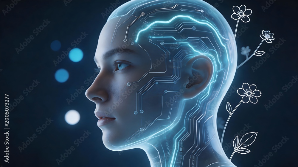 Obraz premium Human head with circuit design and flowers