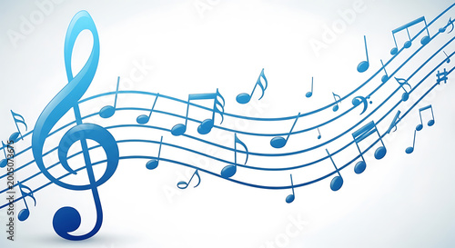 Abstract glossy blue musical notes waving on a white background