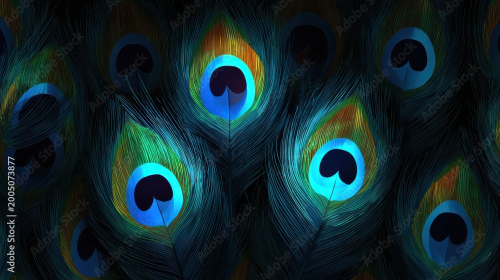 Obraz premium Lush, colorful peacock feathers with iridescent eyes, arranged in a close, textural display