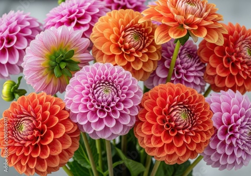 Vibrant dahlia flowers in shades of pink and orange isolated on white background