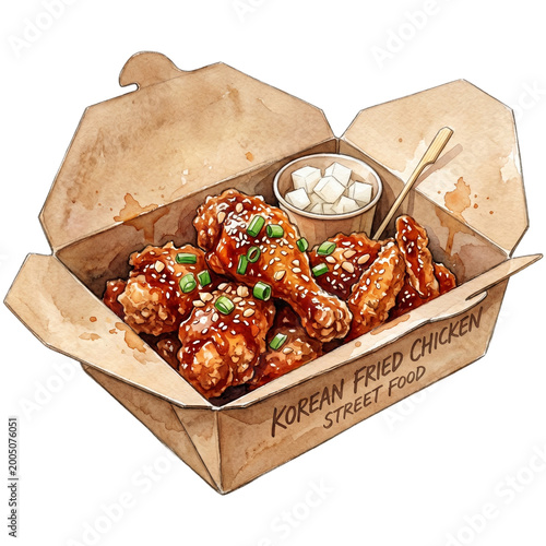 Korean Fried Chicken Box Watercolor Clipart Takeaway Street Food Illustration PNG