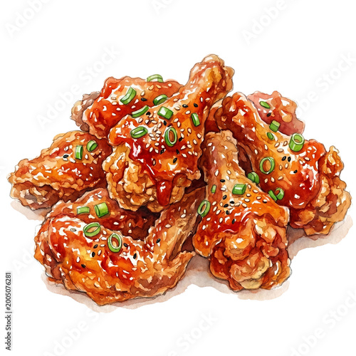 Korean Fried Chicken Watercolor Clipart – Crispy Spicy Chicken Illustration PNG