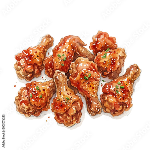 Korean Fried Chicken Watercolor Clipart – Crispy Spicy Chicken Illustration PNG