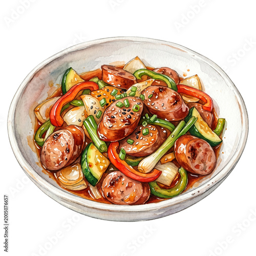 Korean Sausage Stir Fry Watercolor Clipart Stir Fried Dish Illustration PNG