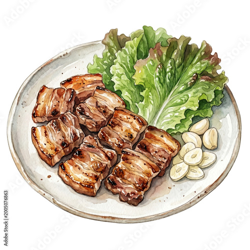 Korean Samgyeopsal Watercolor Clipart – Grilled Pork Belly Plate Illustration PNG