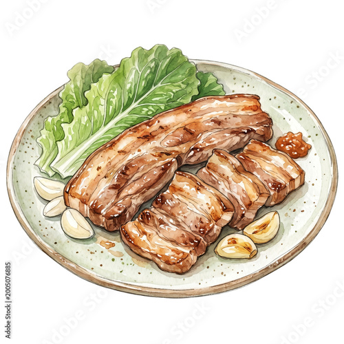 Korean Samgyeopsal BBQ Watercolor Clipart Pork Belly Grill Illustration PNG