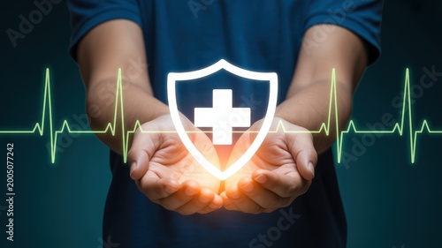 Medical health insurance concept with glowing shield icon and heartbeat line in hands