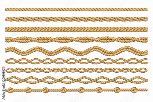Set of seamless rope brush patterns with braided, wavy, and twisted borders. Nautical marine cord, cowboy lasso, and decorative string lines with knots for frames and design elements.