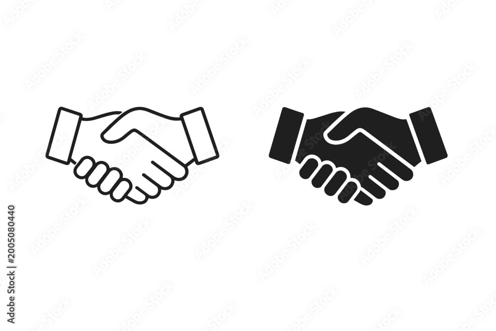 Fototapeta premium Handshake icon set featuring line and solid styles. Minimalist vector illustration representing business agreement, partnership, cooperation, and trust for professional web and app design.