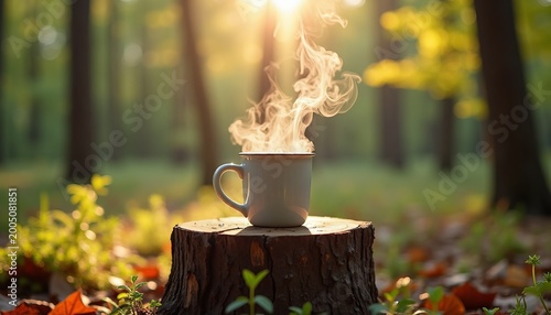 A series of mugs in the forest: winter, autumn, summer, and spring.