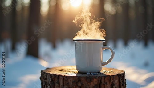 A series of mugs in the forest: winter, autumn, summer, and spring.
