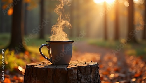 A series of mugs in the forest: winter, autumn, summer, and spring.